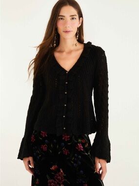FARM Rio Black Ruffled Cardigan